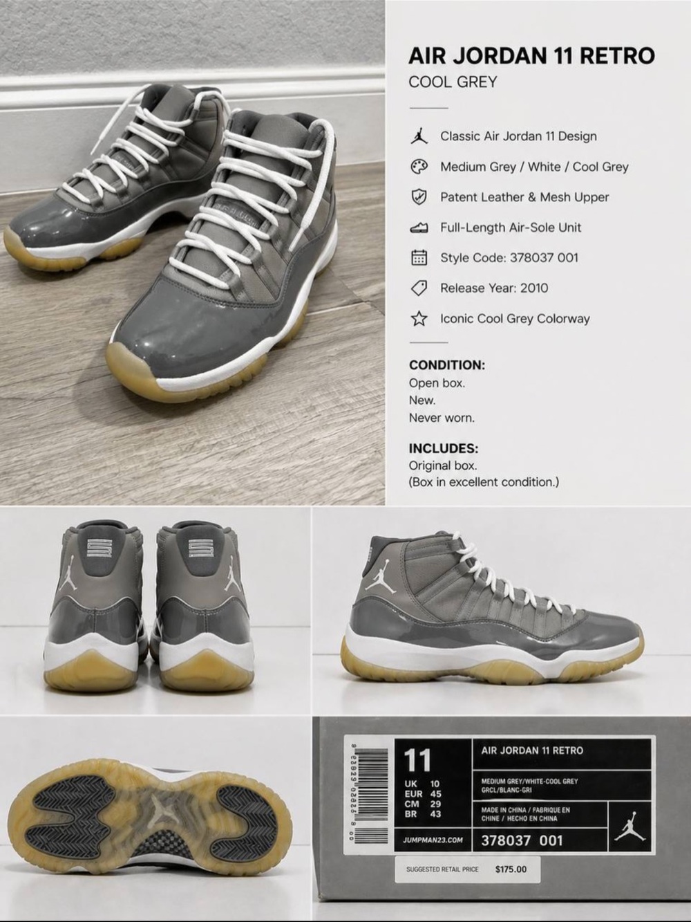 Jordan Air Jordan 11 Retro Men’s Sneakers in Cool Grey and White